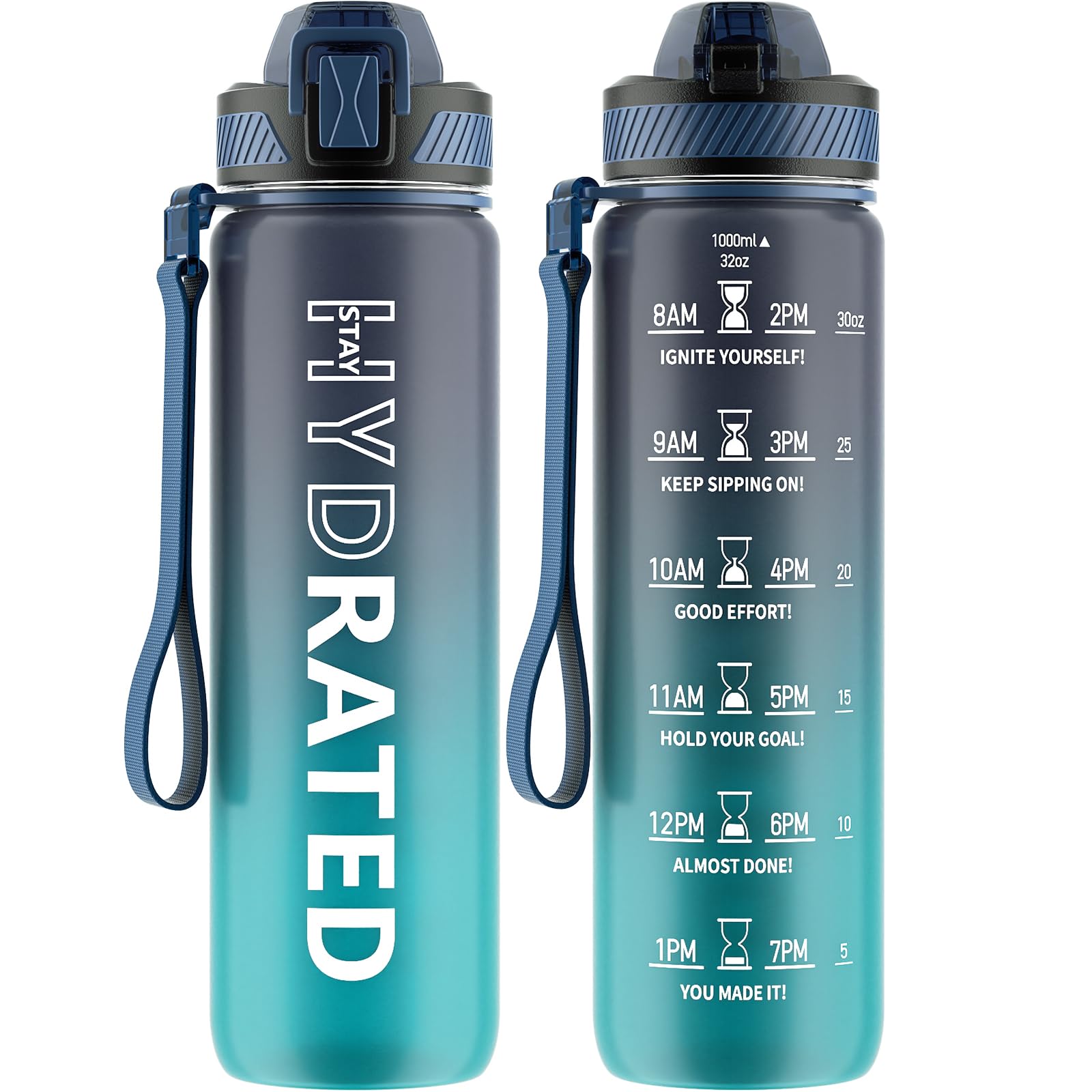 QLUR Water Bottle with Straw, 32oz Motivational Water Bottles with Time Marker to Drink, Tritan BPA Free, 1L Sports Water Bottle with Carry Strap LeakProof for Women Gym Fitness Outdoor (1 Pack)