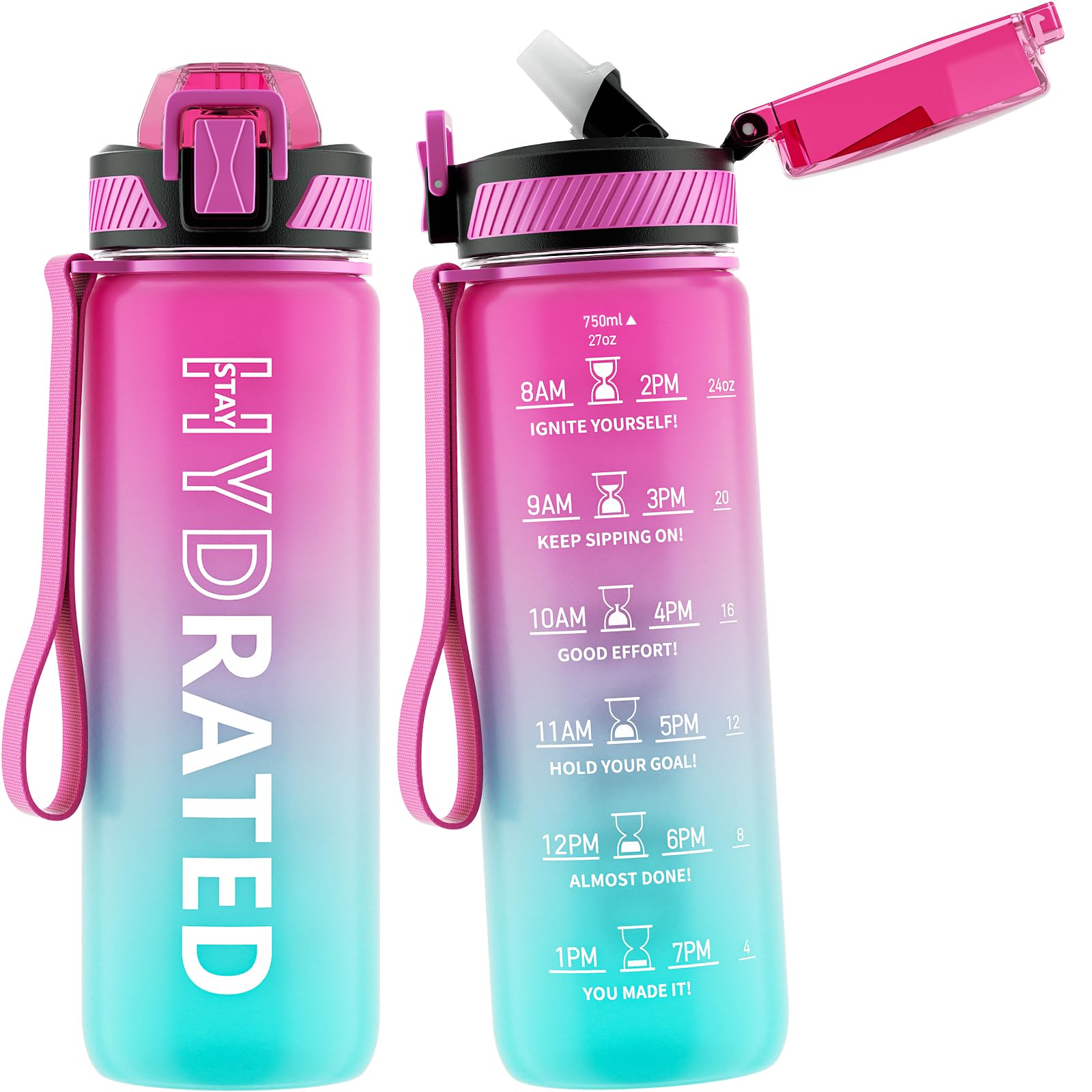 QLUR Water Bottle with Straw, 32oz Motivational Water Bottles with Time Marker to Drink, Tritan BPA Free, 1L Sports Water Bottle with Carry Strap LeakProof for Women Gym Fitness Outdoor (1 Pack)