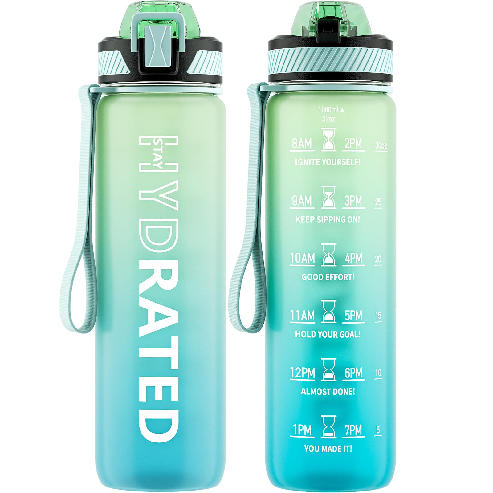 QLUR Water Bottle with Straw, 32oz Motivational Water Bottles with Time Marker to Drink, Tritan BPA Free, 1L Sports Water Bottle with Carry Strap LeakProof for Women Gym Fitness Outdoor (1 Pack)