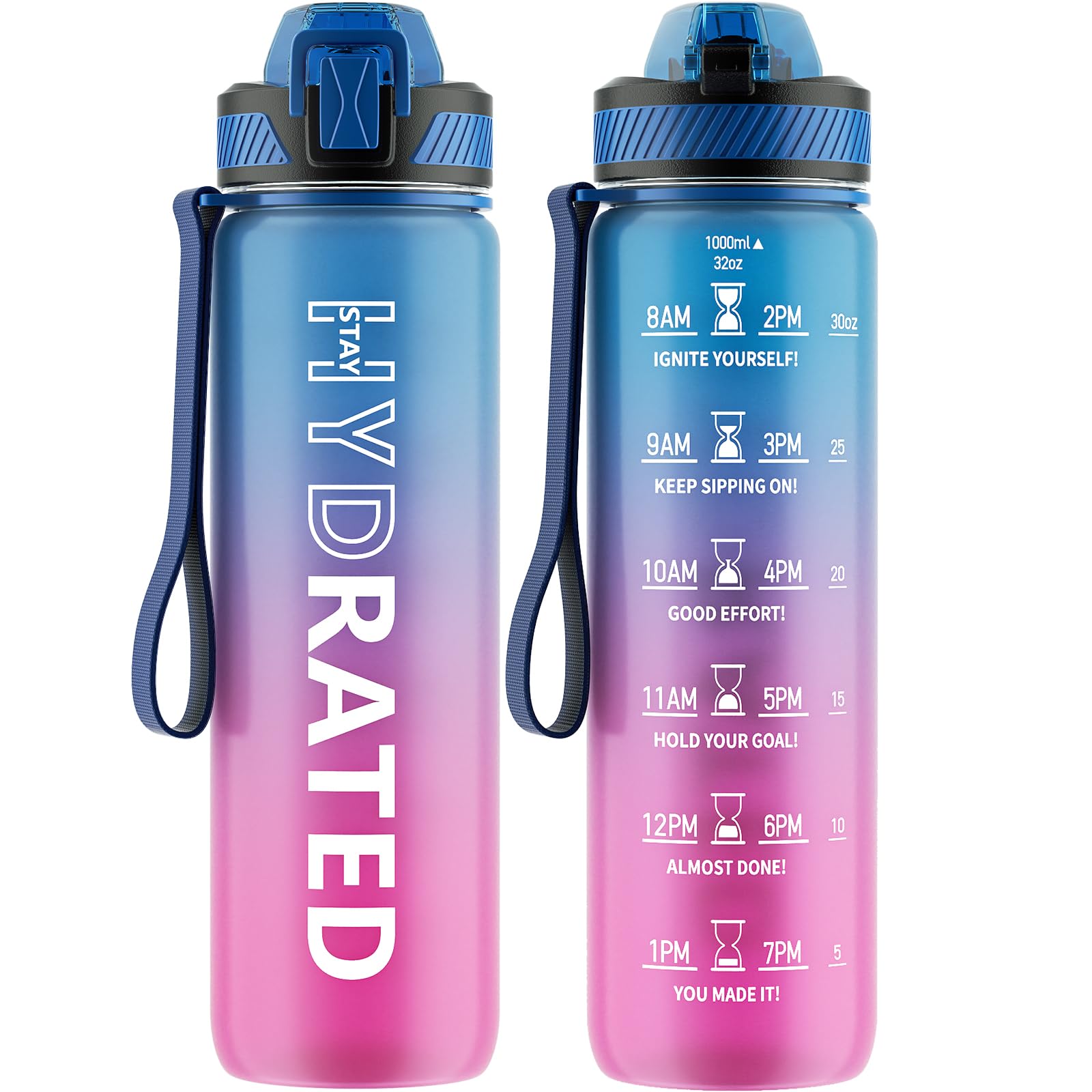 QLUR Water Bottle with Straw, 32oz Motivational Water Bottles with Time Marker to Drink, Tritan BPA Free, 1L Sports Water Bottle with Carry Strap LeakProof for Women Gym Fitness Outdoor (1 Pack)
