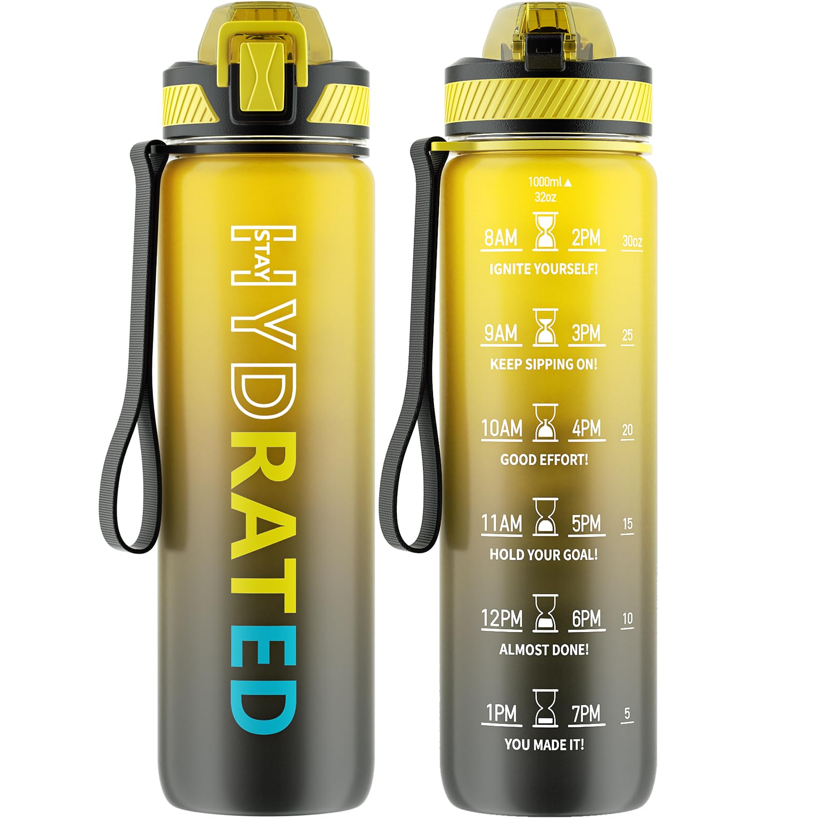 QLUR Water Bottle with Straw, 32oz Motivational Water Bottles with Time Marker to Drink, Tritan BPA Free, 1L Sports Water Bottle with Carry Strap LeakProof for Women Gym Fitness Outdoor (1 Pack)
