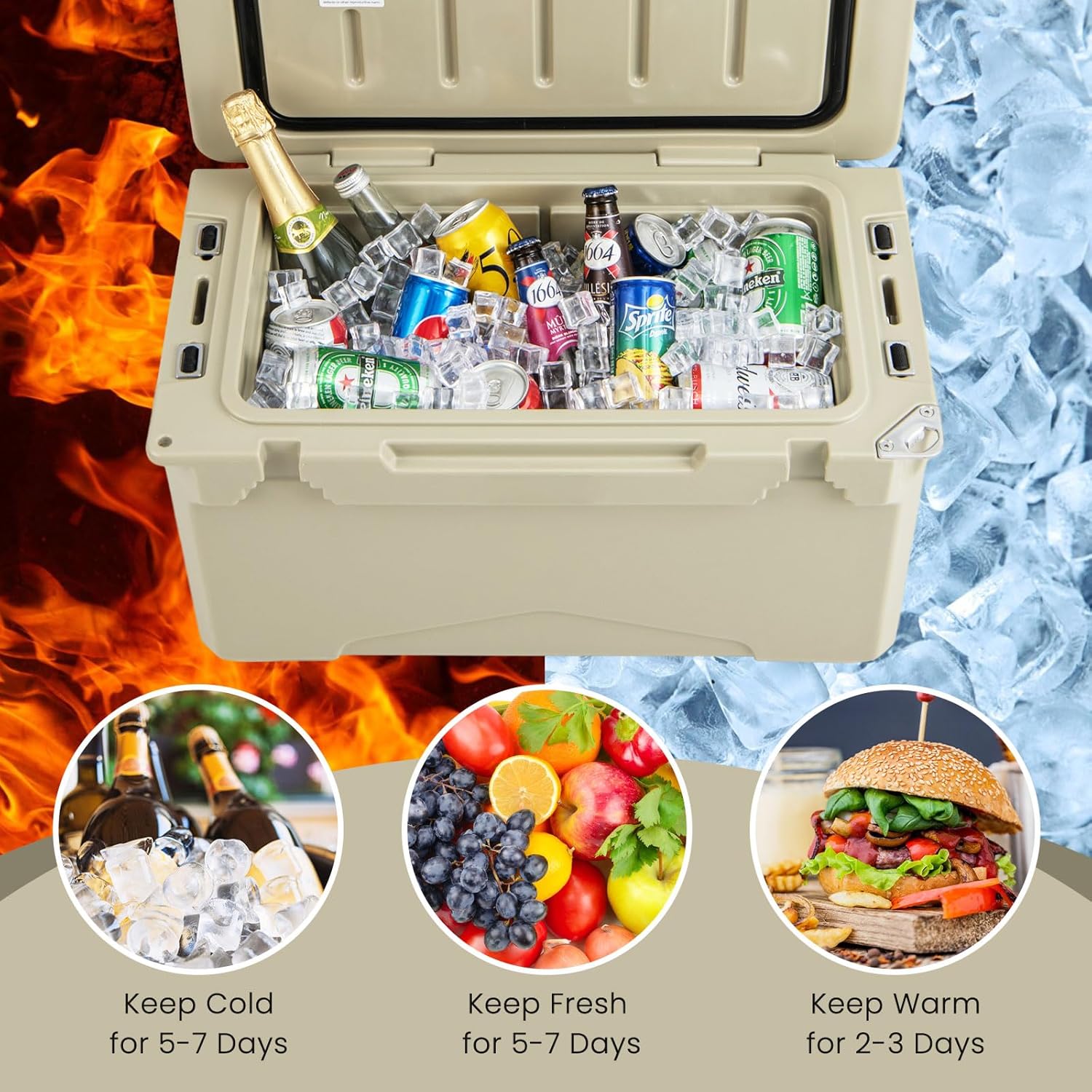 Goplus Cooler, Insulated Large Ice Chest with Portable Handles, Integrated Cup Holders, Leak-Proof Tight Latches, 5-7-day Ice Retention, Heavy Duty Hard Coolers for Beach, Picnic, Camping, Boat